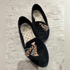 Birdies black velvet loafers with leopard tassel